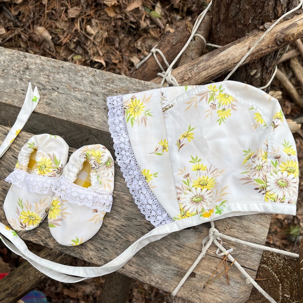 Handmade Boutique Baby Bonnet & Booties Made From Vintage Floral Bedsheets